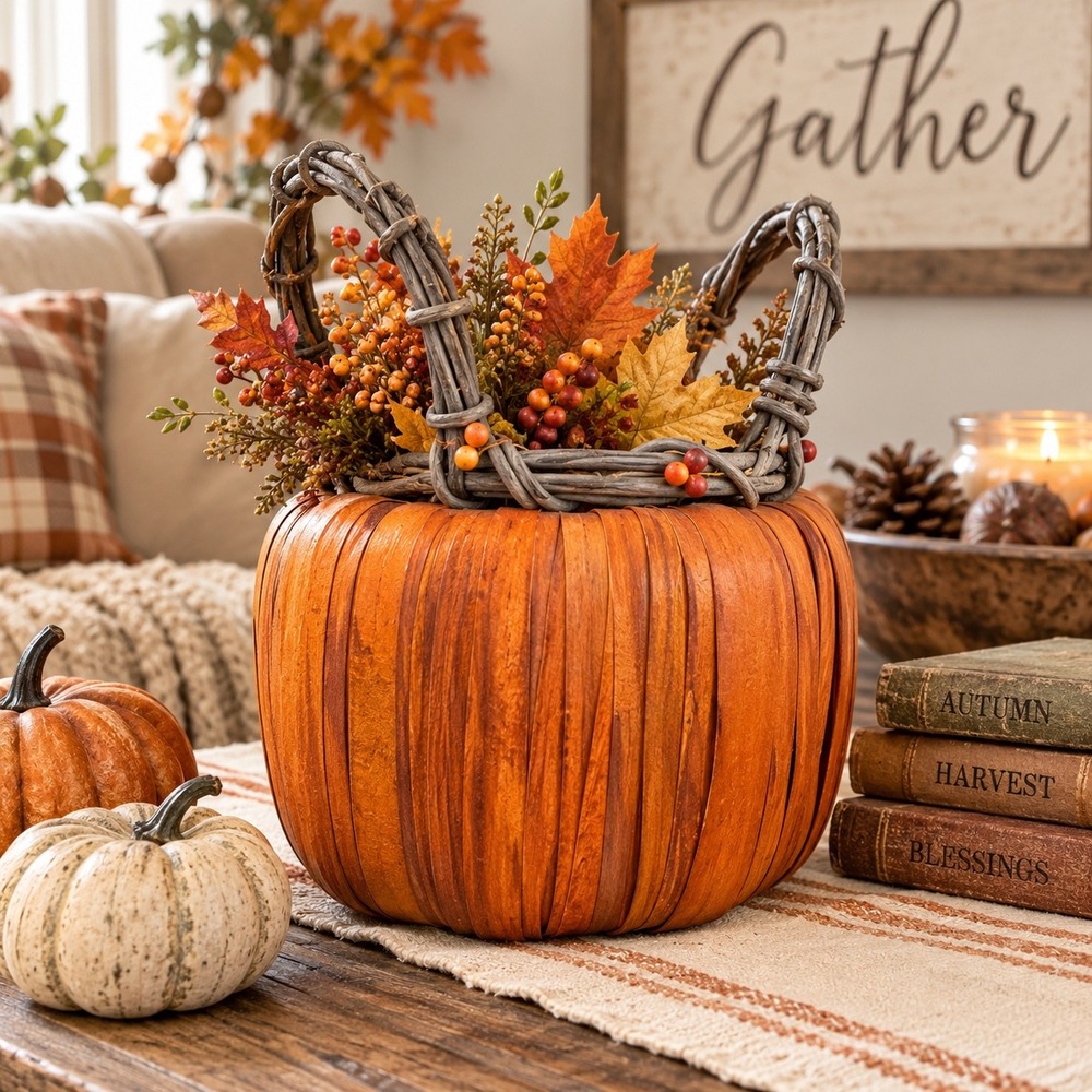 Rustic Woven Pumpkin Basket Orange Fall Autumn Decor with Vine Handles & Berries